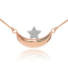 14k Rose Gold Diamond Crescent Moon and Star Islamic Necklace