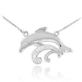 14k White Gold Diamond Dolphin Necklace