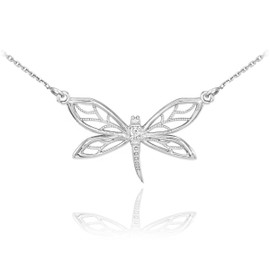 14k White Gold Diamond Dragonfly Filigree Necklace