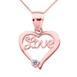 Rose Gold "Love" Script Diamond Heart Pendant Necklace