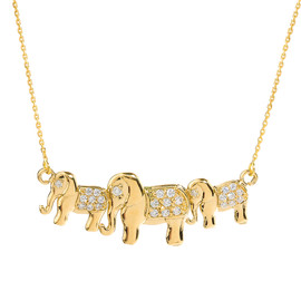 Yellow Gold Diamonds Studded Three Elephant Pendant Necklace