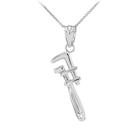 Polished White Gold Monkey Wrench Pendant Necklace