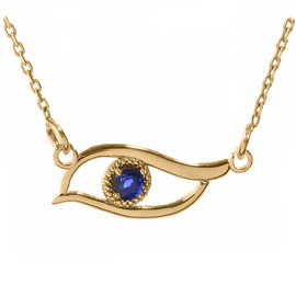 Yellow Gold CZ Sapphire Evil Eye Pendant Necklace