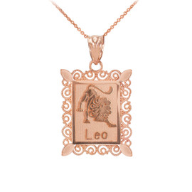 Polished Rose Gold Leo Zodiac Sign Rectangular Pendant Necklace