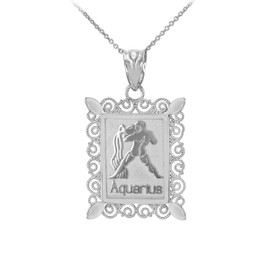 Polished White Gold Aquarius Zodiac Sign Rectangular Pendant Necklace