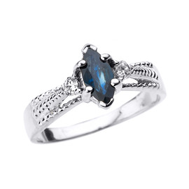 White Gold Genuine Blue Sapphire and Diamond Proposal Ring