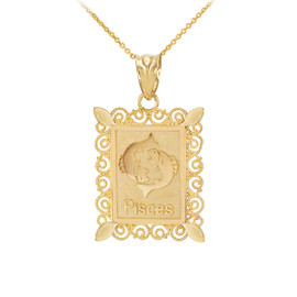 Gold Pisces Zodiac Sign Filigree Square Pendant Necklace