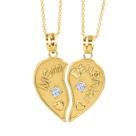 2pc Yellow Gold 'Mom' and 'Daughter' CZ Heart Necklace Set