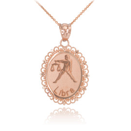 Rose Gold Libra Zodiac Sign Filigree Oval Pendant Necklace