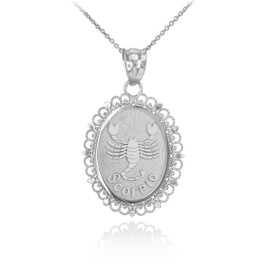 White Gold Scorpio Zodiac Sign Filigree Oval Pendant Necklace