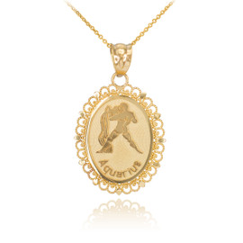 Polished Gold Aquarius Zodiac Sign Oval Pendant Necklace
