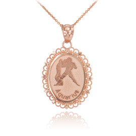 Polished Rose Gold Aquarius Zodiac Sign Oval Pendant Necklace