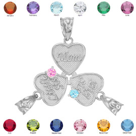 3pc Sterling Silver 'Mom' 'Big Sis' 'Little Sis' Dual CZ Birthstone Heart Charm Set