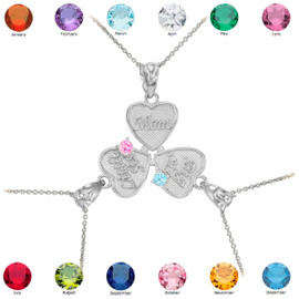 3pc White Gold 'Mom' 'Big Sis' 'Little Sis' Dual Birthstone CZ Heart Necklace Set