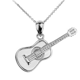 White Gold Acoustic Guitar Pendant Necklace