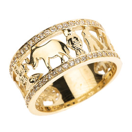 Solid Yellow Gold CZ Studded Unisex Lucky Ring