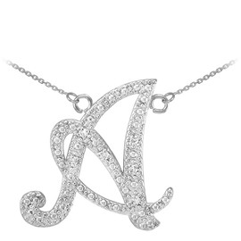 14k White Gold Letter Script "A" Diamond Initial Necklace