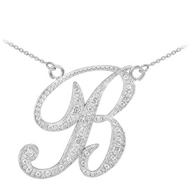 14k White Gold Letter Script "B" Diamond Initial Necklace