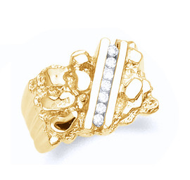 Men's gold nugget ring with cubic zirconia in 10k or 14k yellow gold.