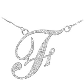 14k White Gold Letter Script "F" Diamond Initial Necklace