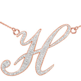 14k Rose Gold Letter Script "H" Diamond Initial Necklace