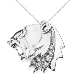 White Gold Roaring Lion Head Diamond Pendant Necklace