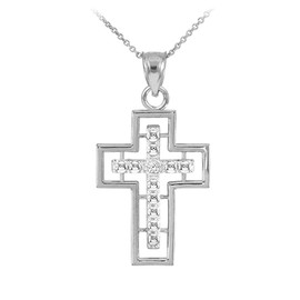 14K White Gold Cross Diamond Pendant Necklace