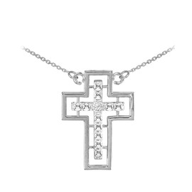 14K White Gold Cross Diamond Necklace