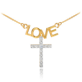 14K Two Tone Gold LOVE Cross Diamond Necklace