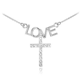 14K White Gold LOVE Cross Diamond Necklace