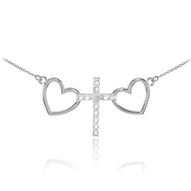 14 K White Gold Heart Cross Diamond Necklace