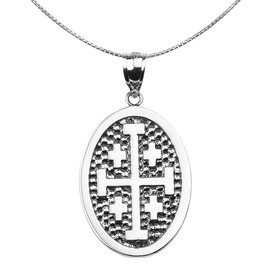 Sterling Silver Jerusalem Cross Engravable Oval Pendant Necklace