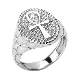 White Gold Egyptian Ankh Cross Men's Ring