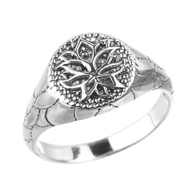 Sterling Silver Round Lotus Flower Unisex Ring