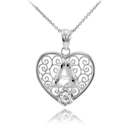 White Gold Filigree Heart "A" Initial CZ Pendant Necklace