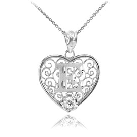 Silver Filigree Heart "E" Initial CZ Pendant Necklace