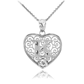 White Gold Filigree Heart "K" Initial CZ Pendant Necklace