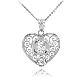 Silver Filigree Heart "O" Initial CZ Pendant Necklace