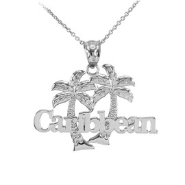 White Gold Caribbean Palm Tree Pendant Necklace