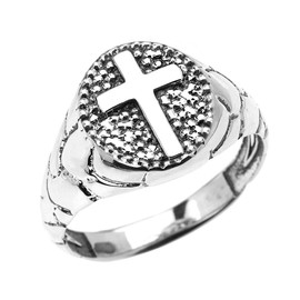 Sterling Silver Textured Band Oval Christian Religious Cross Men's Ring