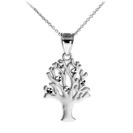 Satin Finish White Gold Tree Of Life Charm Pendant Necklace