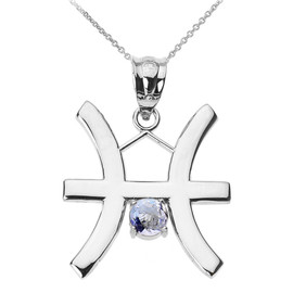 White Gold Pisces Zodiac Sign March Birthstone Pendant Necklace