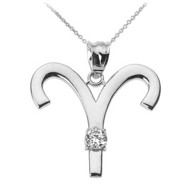 White Gold Aries Zodiac Sign April Birthstone Pendant Necklace