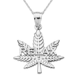 White Gold Marijuana Cannabis Leaf "RELAX" Script Pendant Necklace