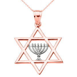 Rose Gold Star of David with Menorah Pendant Necklace