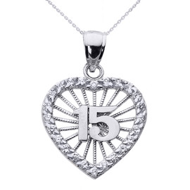 White Gold Sweet 15 Años Quinceanera CZ Heart Pendant Necklace