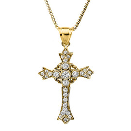 14k Yellow Gold Diamond Cross Pendant Necklace with Hearts