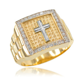 Gold Watchband Design Men's Cross CZ Ring