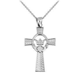 White Gold Claddagh Irish Cross Pendant Necklace