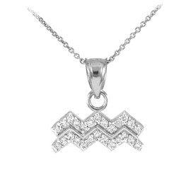 14K White Gold Aquarius Zodiac Sign Diamond Pendant Necklace